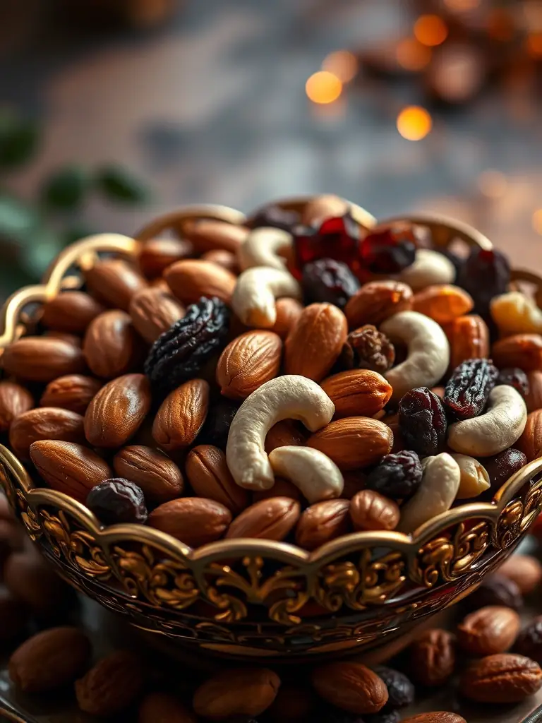 An elegant arrangement of various premium dry fruits in a decorative bowl, including almonds, cashews, and raisins, showcasing their rich texture and nutritional value.