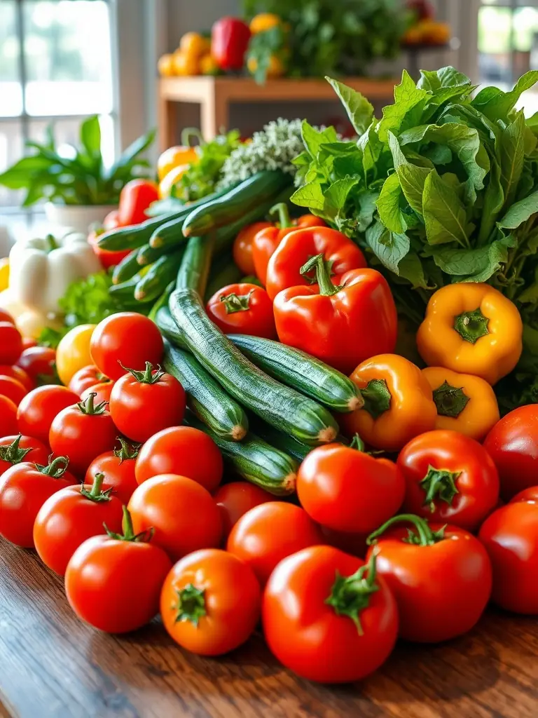 A vibrant display of assorted fresh vegetables including ripe red tomatoes, green cucumbers, and colorful bell peppers, all freshly harvested and arranged to showcase their quality and appeal.